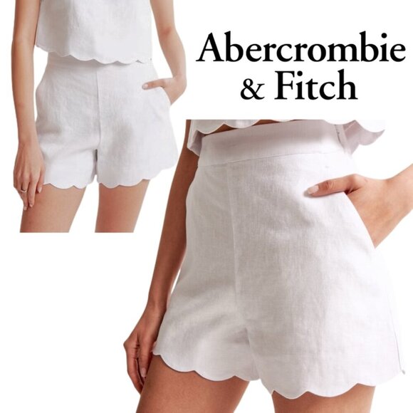 Abercrombie & Fitch, 100% Linen Scalloped High Rise Shorts, White - Picture 1 of 4